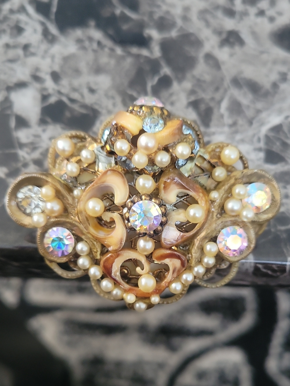 Vtg. Handmade Brooch AB Crysal, Seed Pearl, Blue And Clear Crystal Rhinestones